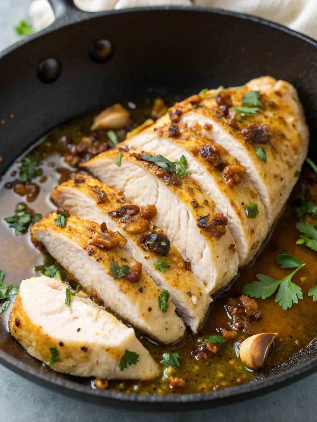 A top-down macro shot focusing on the incredibly tender, juicy interior of a sliced garlic butter chicken breast, revealing its perfectly cooked white meat, surrounded by the glossy, golden-brown garlic butter sauce with visible caramelized bits and fresh parsley, all within the dark skillet. The overall presentation is clean and tidy, under natural morning light from an east window. NO HANDS.