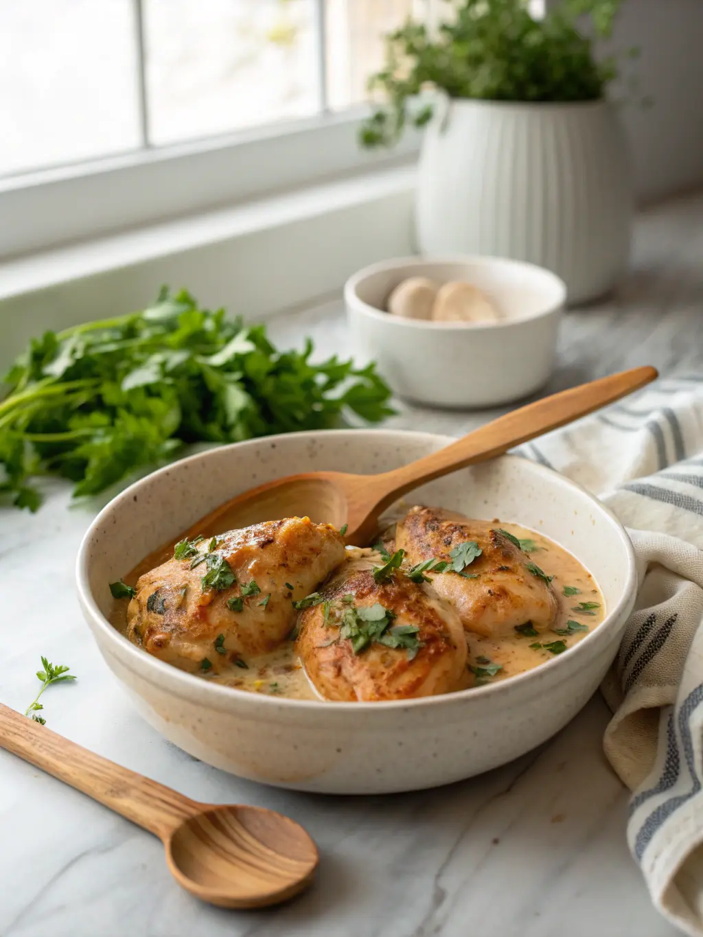 A cozy, slightly elevated side view of the finished garlic butter chicken, beautifully plated in a minimalist white ceramic bowl on the marble countertop, with a generous spoonful of the rich sauce cascading over the chicken. A wooden spoon rests beside the bowl, and a bunch of fresh parsley is visible in the softly lit background from an east window, creating a warm and inviting atmosphere. NO HANDS.