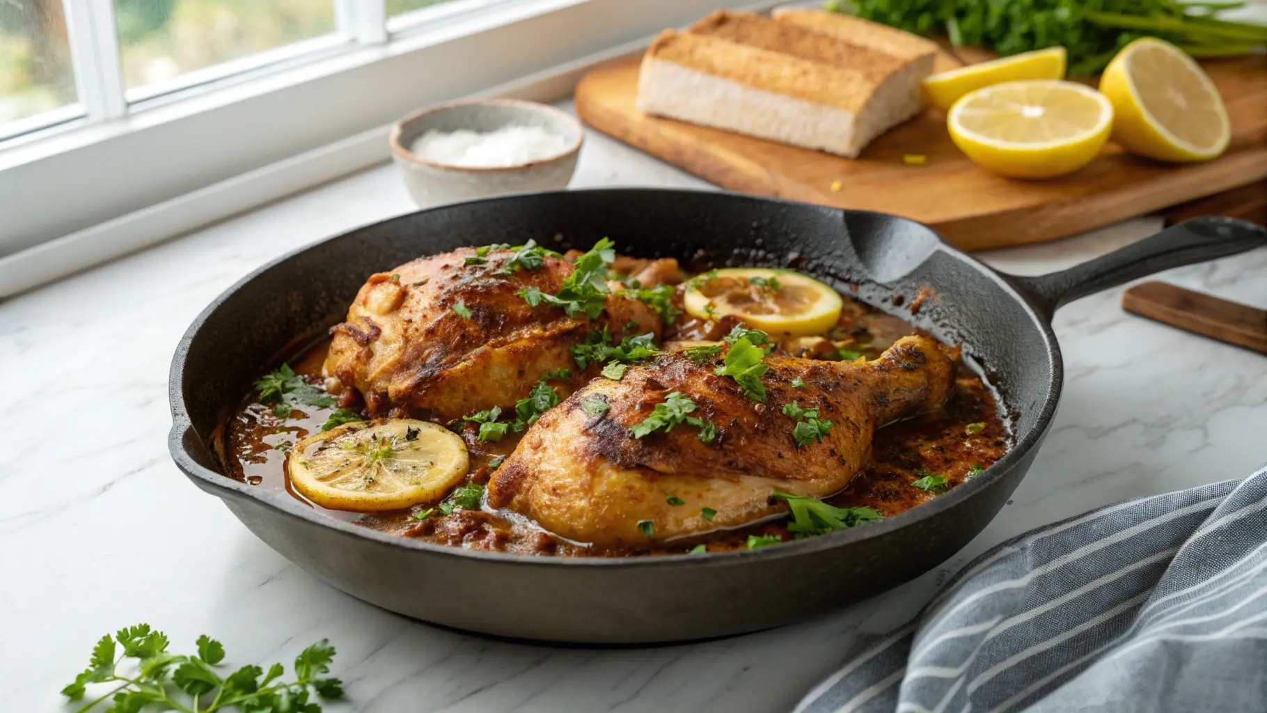 A wide, horizontal shot of the gloriously golden-brown garlic butter chicken in a dark skillet, glistening with its rich, aromatic sauce, garnished generously with fresh chopped parsley and bright lemon halves. The skillet rests on a clean marble countertop, with soft natural morning light from an east window casting subtle shadows, and a hint of the same wooden cutting board in the background, exuding warm tones and a clean, tidy presentation. NO HANDS.