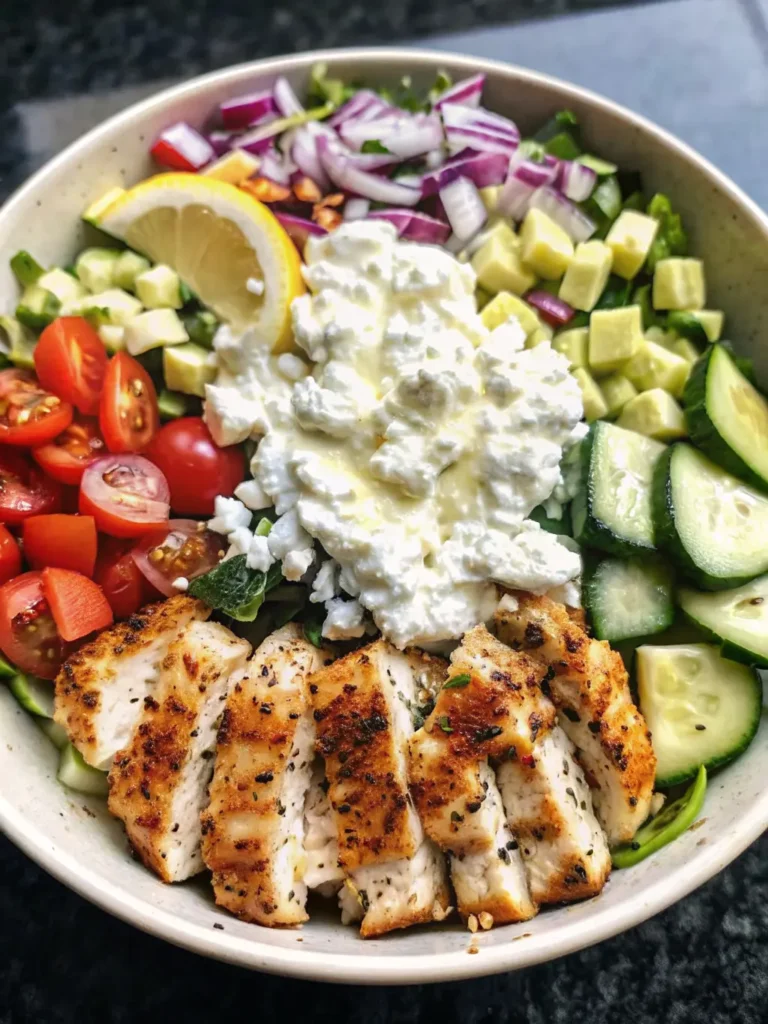 Greek Chicken Bowls An inviting close-up shot of freshly diced cucumbers and halved cherry tomatoes on the same familiar wooden cutting board, lightly sprinkled with dried oregano. In the soft natural morning light, a minimalist white ceramic bowl of crumbled feta cheese is visible in the background on a clean marble countertop, with a hint of fresh herbs, emphasizing the wholesome, delicious ingredients. (Aspect ratio 3:4, no hands.)