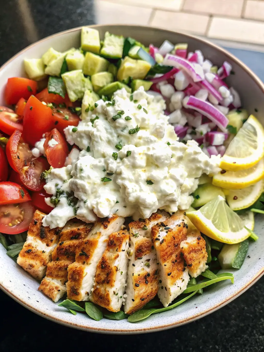A delightful top-down macro shot of the finished Greek Chicken Bowl, highlighting the textures and vibrant colors: the perfectly golden-brown grilled chicken slices, the bright red cherry tomatoes sprinkled with herbs, the crisp green cucumber, purple red onion, fluffy white feta, and the creamy, herb-flecked tzatziki. The minimalist white ceramic bowl is centered on a light marble countertop, capturing warm tones and soft shadows. (Aspect ratio 3:4, no hands.)