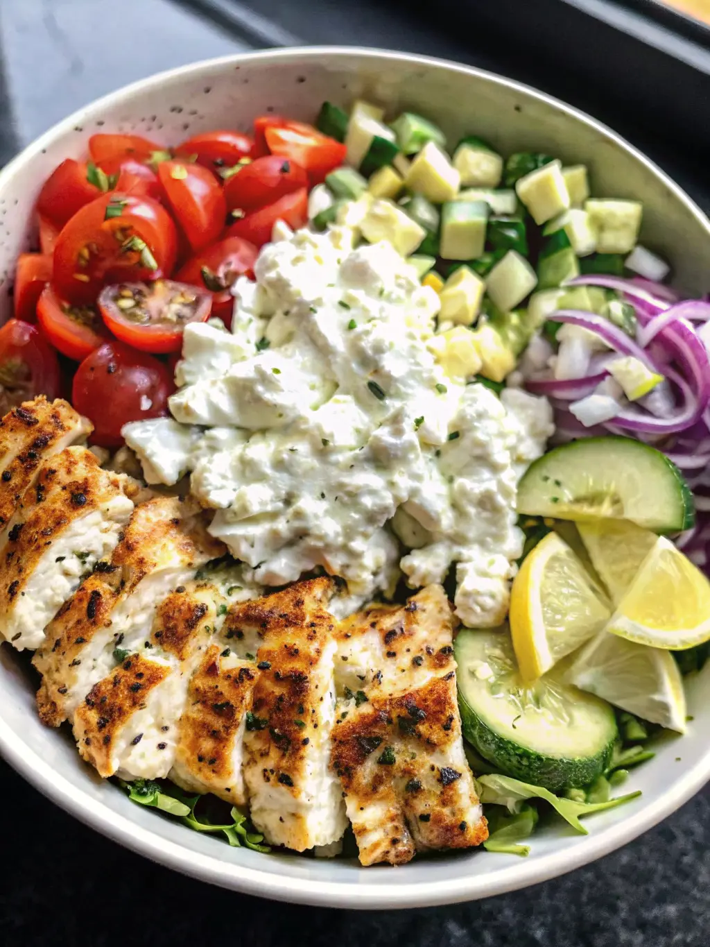 A stylized lifestyle shot (3:4 aspect ratio) of a vibrant Greek Chicken Bowl placed on a rustic wooden table or a marble countertop with a prominent wooden cutting board element. The bowl, filled with juicy chicken, crisp vegetables, feta, and tzatziki, is positioned to show its deliciousness, with soft natural morning light creating warm, inviting shadows. A small vase of fresh herbs or a neatly folded linen napkin adds to the charming and clean kitchen aesthetic. (Aspect ratio 3:4, no hands.)