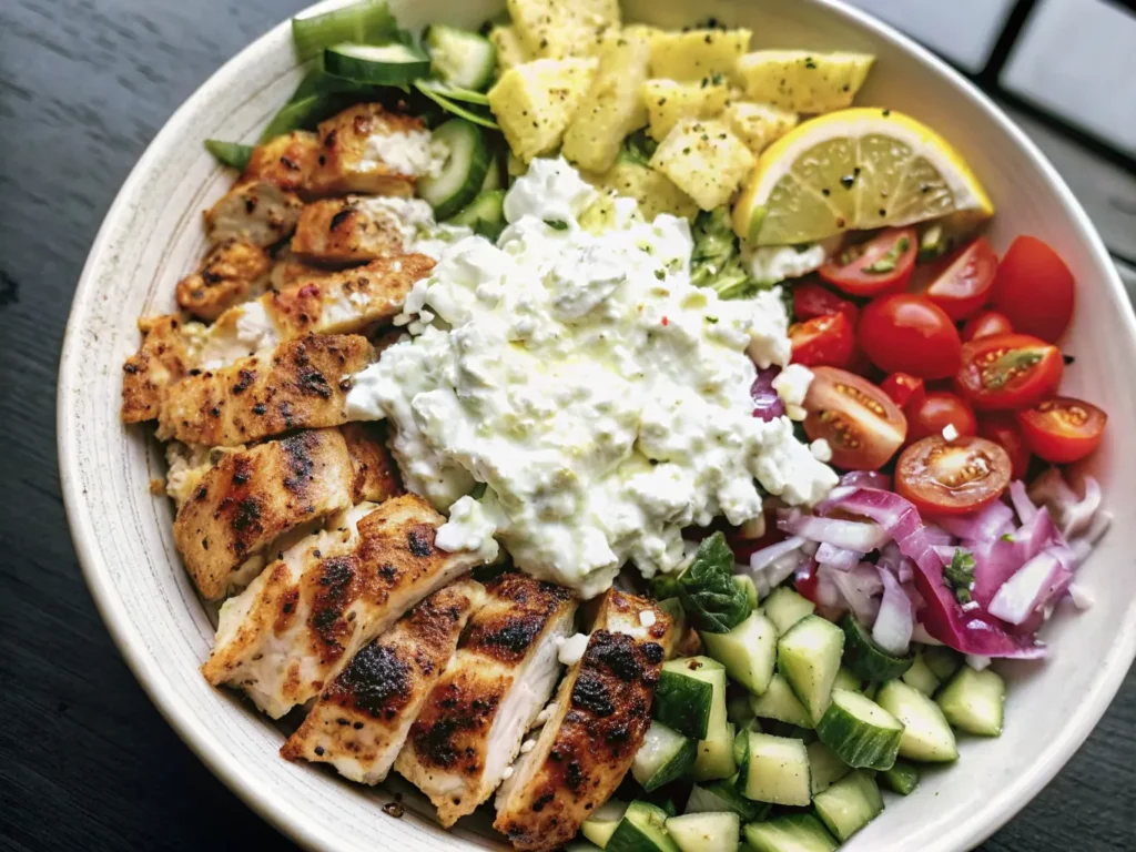 A mouth-watering Greek Chicken Bowl, perfectly arranged in a minimalist white ceramic bowl, showcasing juicy sliced grilled chicken, vibrant diced cucumber, sweet halved cherry tomatoes, crisp red onion, creamy feta cheese, and a generous dollop of homemade tzatziki in the center, garnished with fresh oregano and a bright lemon wedge. The bowl sits on a light marble countertop with a subtle wood accent in the background, bathed in soft natural morning light from an east window, casting warm tones and gentle shadows. A fresh herb plant in a small pot is subtly visible in the background, adding to the lived-in kitchen feel. (Aspect ratio 4:3, no hands.)
