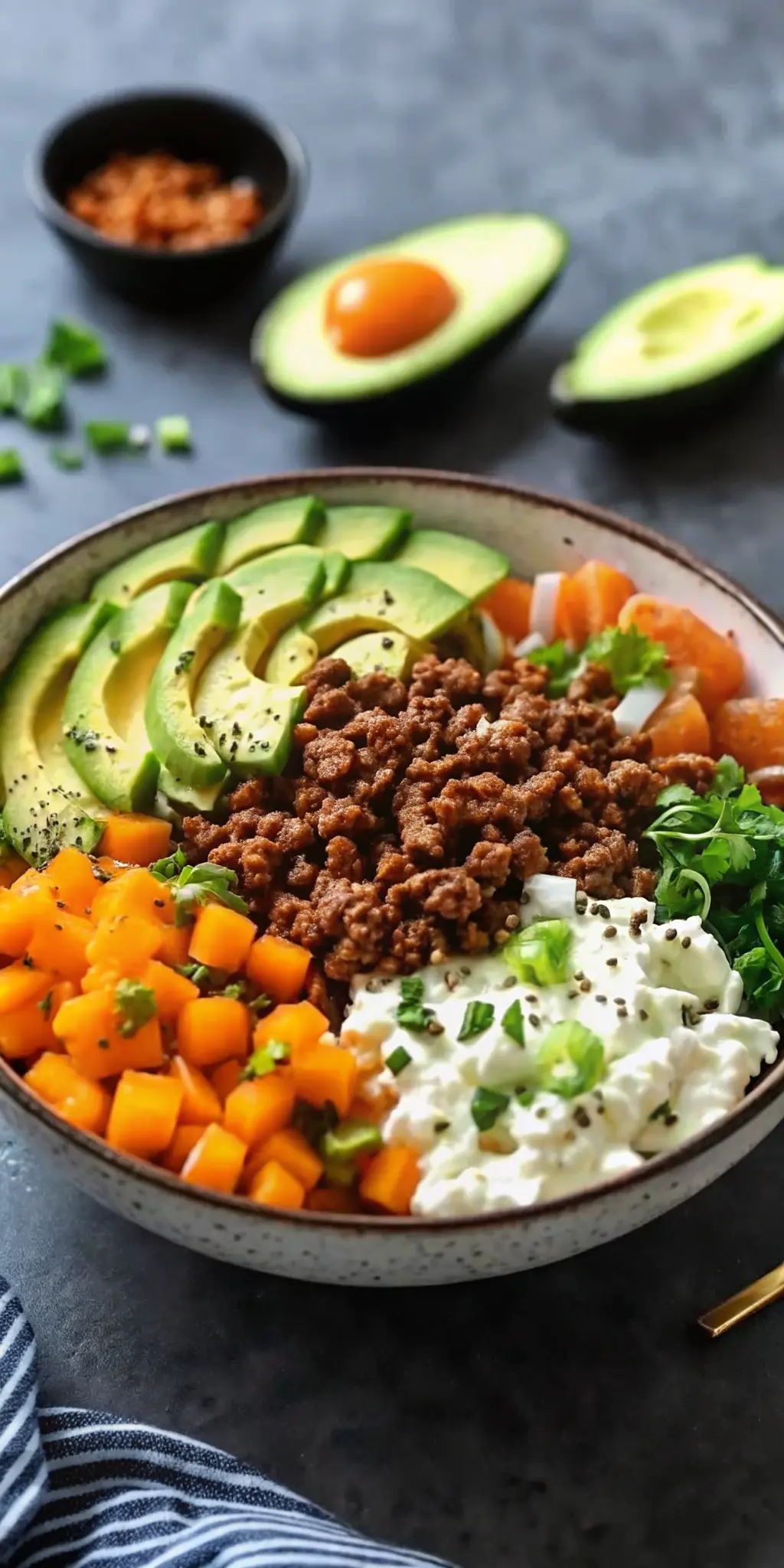 A close-up shot of an assembled Ground Beef Hot Honey Bowl in a minimalist white ceramic bowl, focusing on the textures: the creamy ricotta with a rich, glossy hot honey drizzle, the crumbly seasoned ground beef, and the smooth, vibrant green avocado slices. Fresh cilantro leaves are visible as a garnish, with soft shadows and warm tones, set on a marble countertop. 3:4 ratio. NO HANDS OR PEOPLE.
