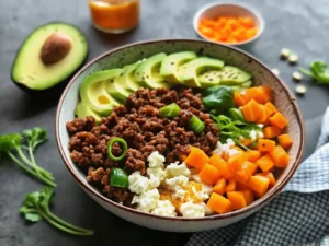A beautifully composed Ground Beef Hot Honey Bowl in a dark ceramic bowl, featuring distinct segments of rich brown seasoned ground beef, vibrant orange roasted butternut squash, bright green sliced avocado, and a dollop of creamy white ricotta cheese, all generously drizzled with glossy amber hot honey, and garnished with chopped green onions and fresh cilantro. Shot with natural morning light from an east window, on a marble countertop with subtle wood accents and soft shadows, ensuring a clean and tidy presentation. 4:3 ratio. NO HANDS OR PEOPLE.