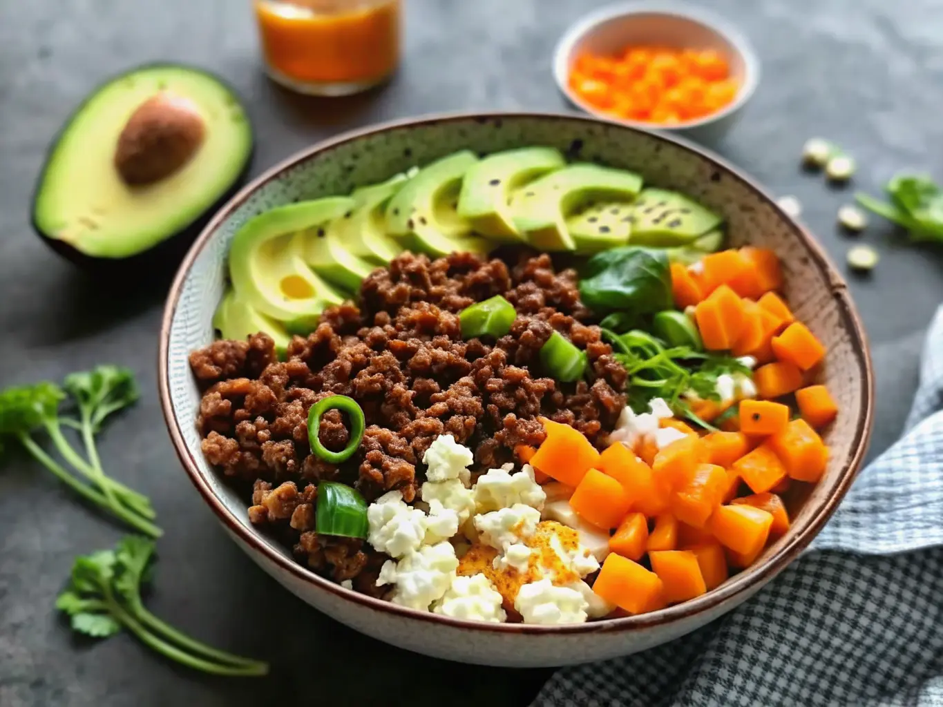 A beautifully composed Ground Beef Hot Honey Bowl in a dark ceramic bowl, featuring distinct segments of rich brown seasoned ground beef, vibrant orange roasted butternut squash, bright green sliced avocado, and a dollop of creamy white ricotta cheese, all generously drizzled with glossy amber hot honey, and garnished with chopped green onions and fresh cilantro. Shot with natural morning light from an east window, on a marble countertop with subtle wood accents and soft shadows, ensuring a clean and tidy presentation. 4:3 ratio. NO HANDS OR PEOPLE.