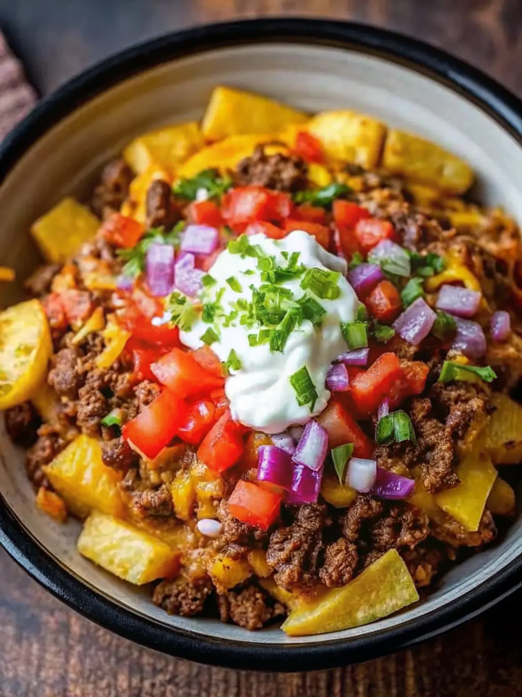 A collection of fresh ingredients for Ground Beef and Potato Taco Bowl: diced russet potatoes, ground beef in a white ceramic bowl, various spices in small wooden bowls (chili powder, cumin, paprika), diced red onion, diced tomatoes, a block of cheddar cheese, and a bundle of fresh cilantro on a wooden cutting board. All are neatly arranged on a marble countertop, bathed in natural morning light from an east window, with soft shadows and warm tones. Shot at 3:4 aspect ratio. NO HANDS OR PEOPLE.