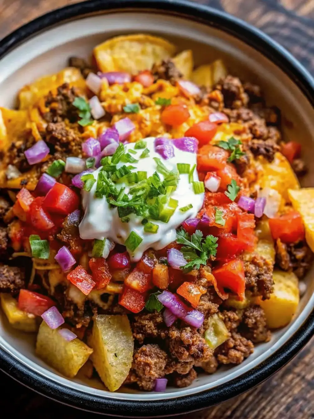 A process shot of the seasoned ground beef simmering in a cast iron skillet on a clean stovetop, steam gently rising, with a wooden spoon resting in the pan. In the soft-focus background, golden roasted potato cubes are visible on a baking sheet. The scene is set on a marble countertop with subtle wood accents, under natural morning light, creating warm tones and soft shadows. Shot at 3:4 aspect ratio. NO HANDS OR PEOPLE.