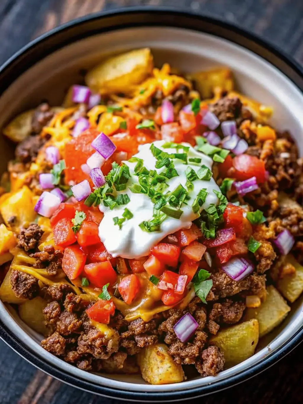 A beautifully plated serving of the Ground Beef and Potato Taco Bowl in a minimalist white ceramic bowl with a dark rim, showcasing the layered textures: crispy potatoes at the bottom, savory ground beef, melted yellow cheese, vibrant red diced tomatoes, purple red onion, and a perfect swirl of white sour cream topped with fresh green cilantro. The bowl is angled slightly to reveal the rich contents, placed on a light marble countertop. Natural morning light creates inviting warm tones and soft shadows. Shot at 3:4 aspect ratio. NO HANDS OR PEOPLE.