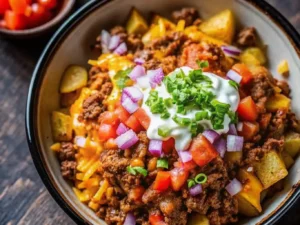A vibrant, appetizing close-up of a Ground Beef and Potato Taco Bowl, showcasing golden roasted potato cubes, richly seasoned ground beef, melted shredded yellow cheese, bright diced red tomatoes, crisp purple red onion, a generous dollop of white sour cream, and fresh green cilantro. The bowl is a minimalist white ceramic with a dark rim, centered on a light marble countertop with a subtle wooden accent in the background. Natural morning light from an east window casts soft shadows and warm tones, with fresh herbs visible in the soft-focus background. Shot at 4:3 aspect ratio. NO HANDS OR PEOPLE.