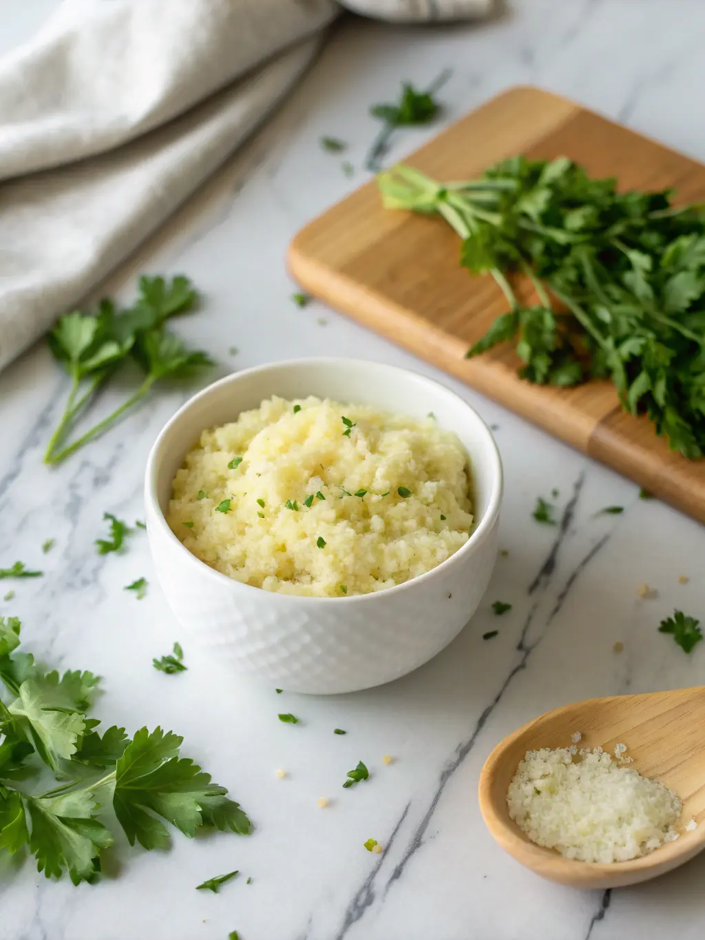 A close-up, top-down shot of finely grated russet potatoes in a minimalist white ceramic bowl, ready to be squeezed. Fresh green herbs and a portion of the signature wooden cutting board are visible in the soft morning light on marble countertops, creating a clean, tidy, and authentic prep scene, without hands.