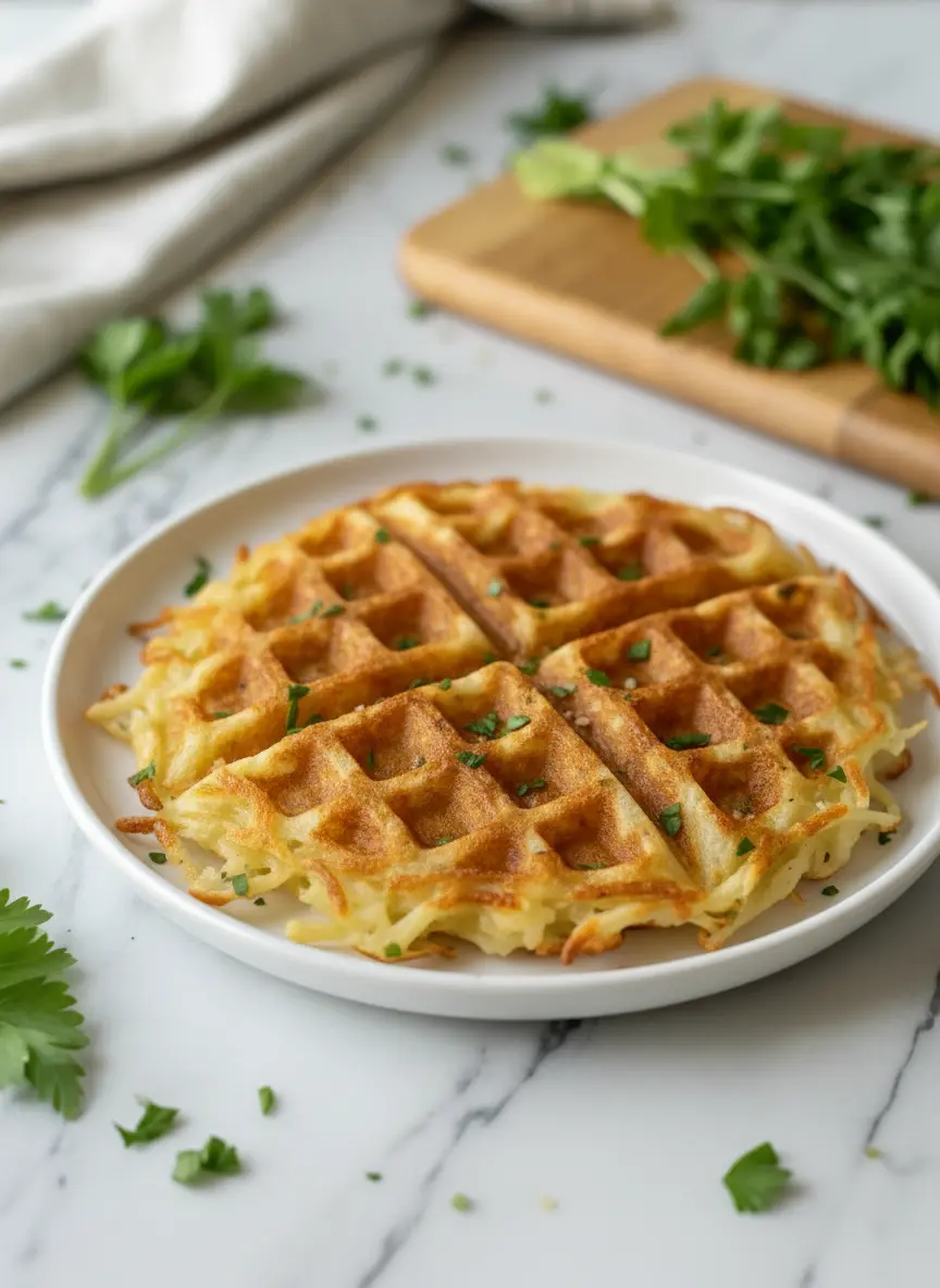 A stunning, slightly angled macro shot of a single perfectly golden brown, crispy hashbrown chaffle, still warm on a minimalist white plate, showcasing its delicious intricate waffle pattern and lacy edges. The fresh herb garnish adds a pop of color. The scene is bathed in natural morning light on marble countertops, with soft shadows and warm tones from a lived-in kitchen, emphasizing appetite appeal, without hands.