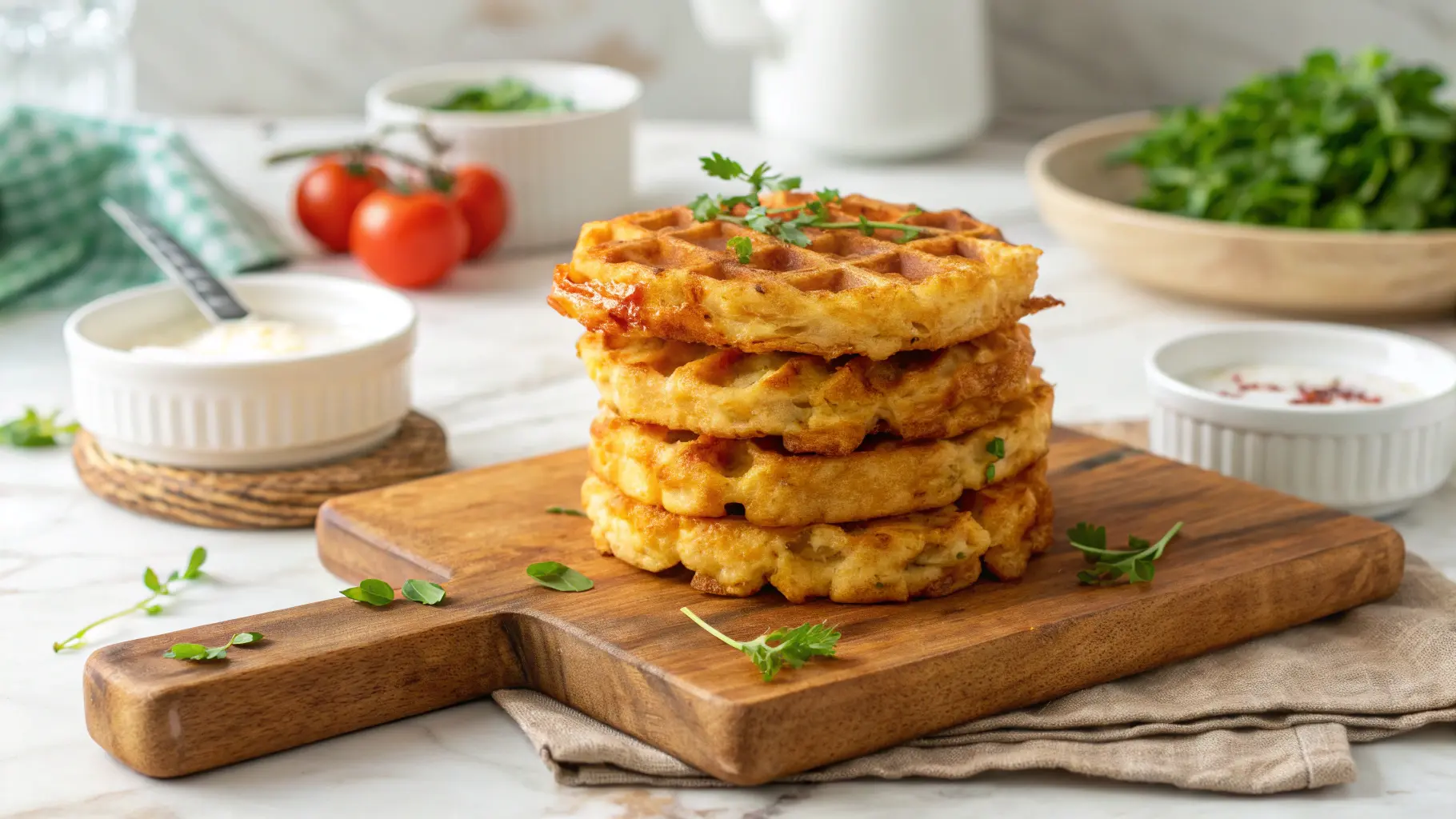 A wide shot capturing a stack of gloriously golden brown, crispy hashbrown chaffles on a rustic wooden cutting board, garnished with vibrant fresh green herbs. The background features soft natural morning light illuminating marble countertops, with subtle, blurred hints of ripe red tomatoes and white porcelain bowls. Soft shadows and warm tones create an inviting, clean, and tidy kitchen scene, emphasizing the insanely yummy texture.