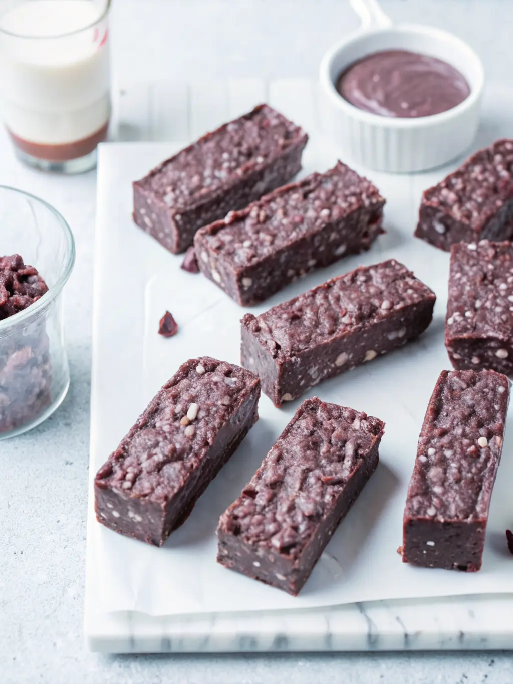 Ingredients laid out: A bowl of vegan dark chocolate chips, a clear measuring cup of coconut oil, a bottle of maple syrup, and a large bowl of puffed rice cereal, all arranged on a marble countertop next to a wooden cutting board under natural morning light. Soft shadows, warm tones, clean and tidy presentation. No hands or people. (3:4 ratio)