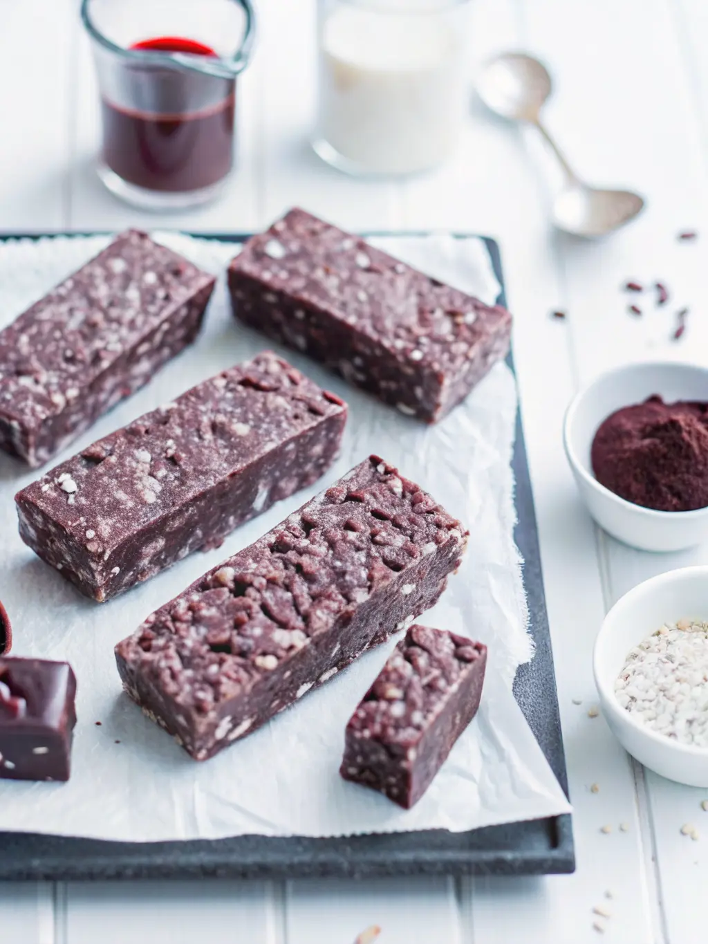 Process shot: A rich dark chocolate and puffed rice mixture being firmly pressed into a parchment-lined 8x8 inch baking pan on a marble countertop, using a spatula. The wooden cutting board is visible nearby. Soft morning light, warm tones. No hands or people. (3:4 ratio)