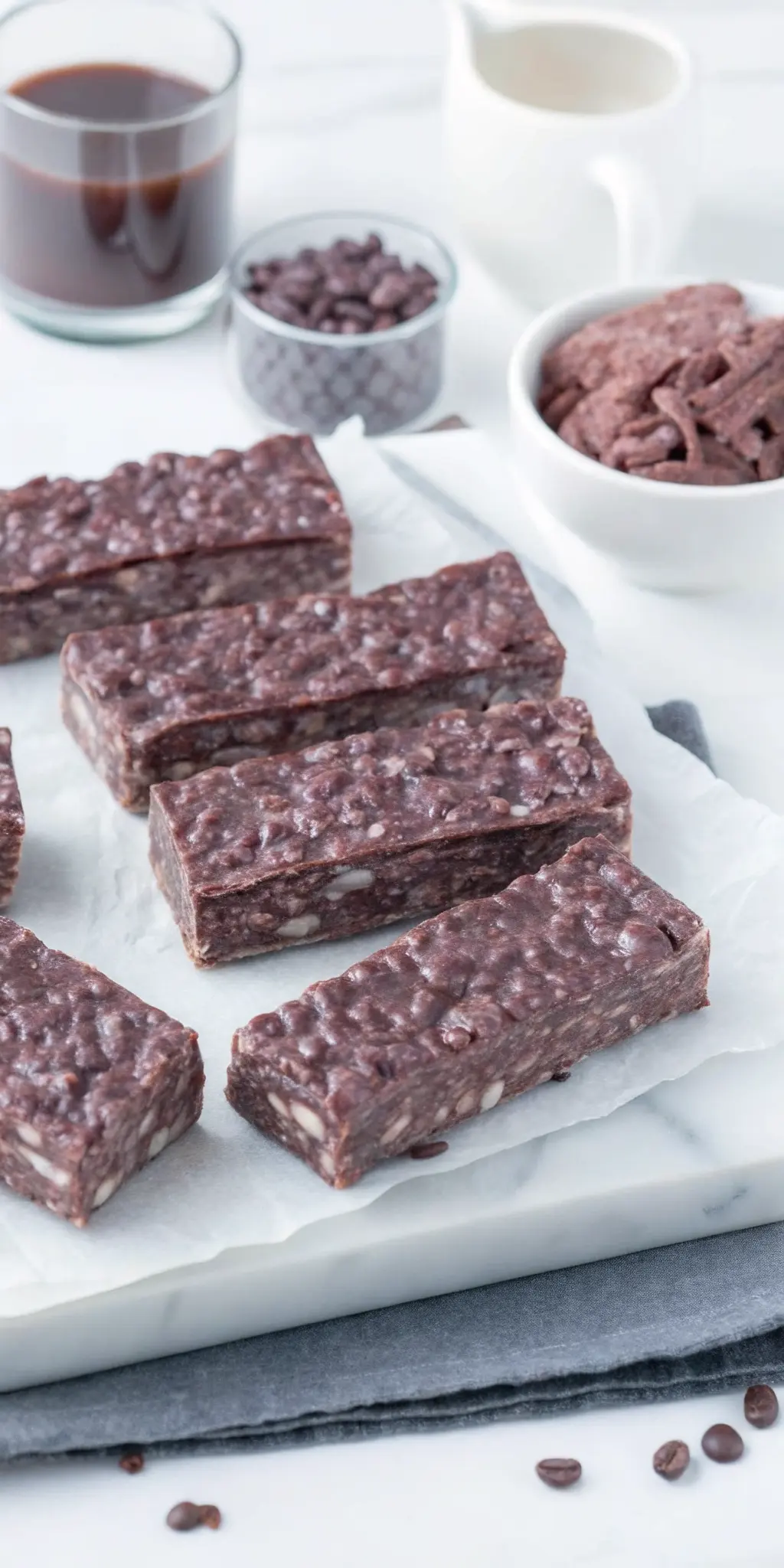 Serving/Texture focus: A close-up shot of one or two Healthier Homemade Crunch Bars, revealing the intricate, crunchy texture of the puffed rice cereal embedded in dark chocolate. The bars are resting on white parchment paper on the dark wooden cutting board. Loose puffed rice cereal is scattered around. Fresh green herbs are subtly blurred in the background. Soft natural light, warm tones. No hands or people. (3:4 ratio)