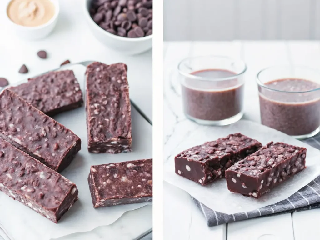 A hero shot of several rectangular dark chocolate crunch bars, with visible bumpy texture from puffed rice cereal, arranged on parchment paper on a dark, rustic wooden cutting board. Soft morning light from an east window illuminates the scene, casting gentle shadows. A minimalist white ceramic bowl with melted dark chocolate and a small glass bowl with a light brown liquid (nut butter) are subtly blurred in the background on a marble countertop. No hands or people. (4:3 ratio)