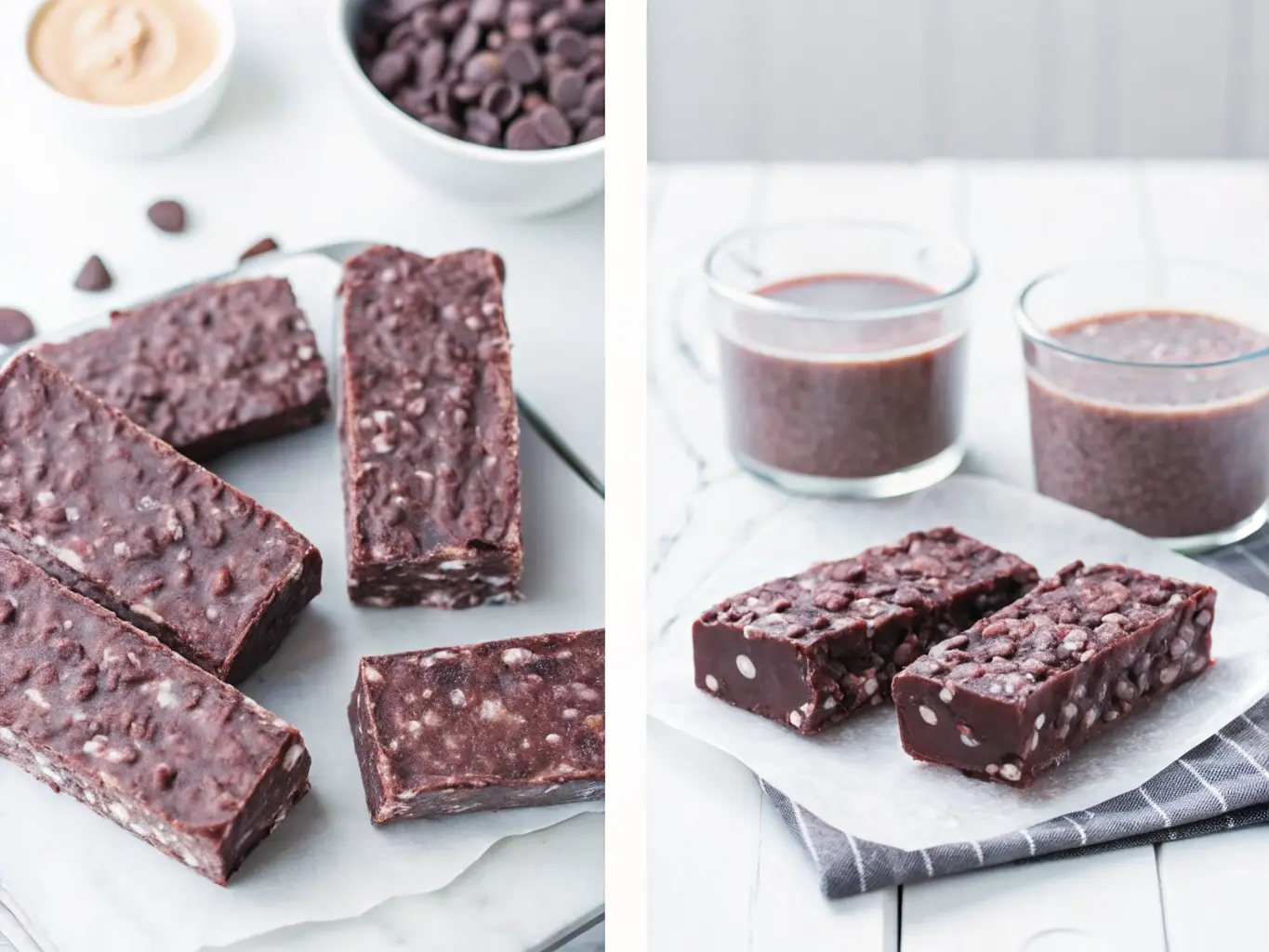 A hero shot of several rectangular dark chocolate crunch bars, with visible bumpy texture from puffed rice cereal, arranged on parchment paper on a dark, rustic wooden cutting board. Soft morning light from an east window illuminates the scene, casting gentle shadows. A minimalist white ceramic bowl with melted dark chocolate and a small glass bowl with a light brown liquid (nut butter) are subtly blurred in the background on a marble countertop. No hands or people. (4:3 ratio)
