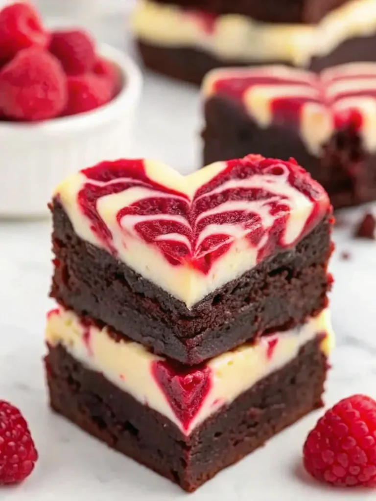 Arrangement of fresh ingredients for heart-shaped raspberry brownies: blocks of cream cheese, a bowl of granulated sugar, eggs, a small bowl of flour, cocoa powder, a handful of vibrant fresh raspberries, and a heart-shaped cookie cutter. All laid out on the same wooden cutting board on a marble countertop under natural morning light. Fresh green herbs subtly visible in the soft-focused background. No hands or people. (3:4 ratio)