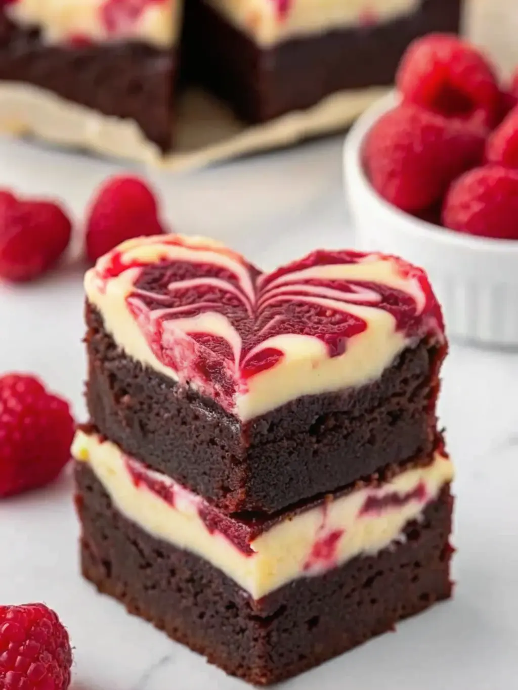 A baking pan filled with unbaked heart-shaped brownie batter, clearly showing the distinct dark brownie base covered with dollops of creamy cheesecake batter and streaks of vibrant raspberry swirl. A metal heart-shaped cookie cutter rests nearby on the marble countertop. Natural morning light creates soft shadows. No hands or people. (3:4 ratio)