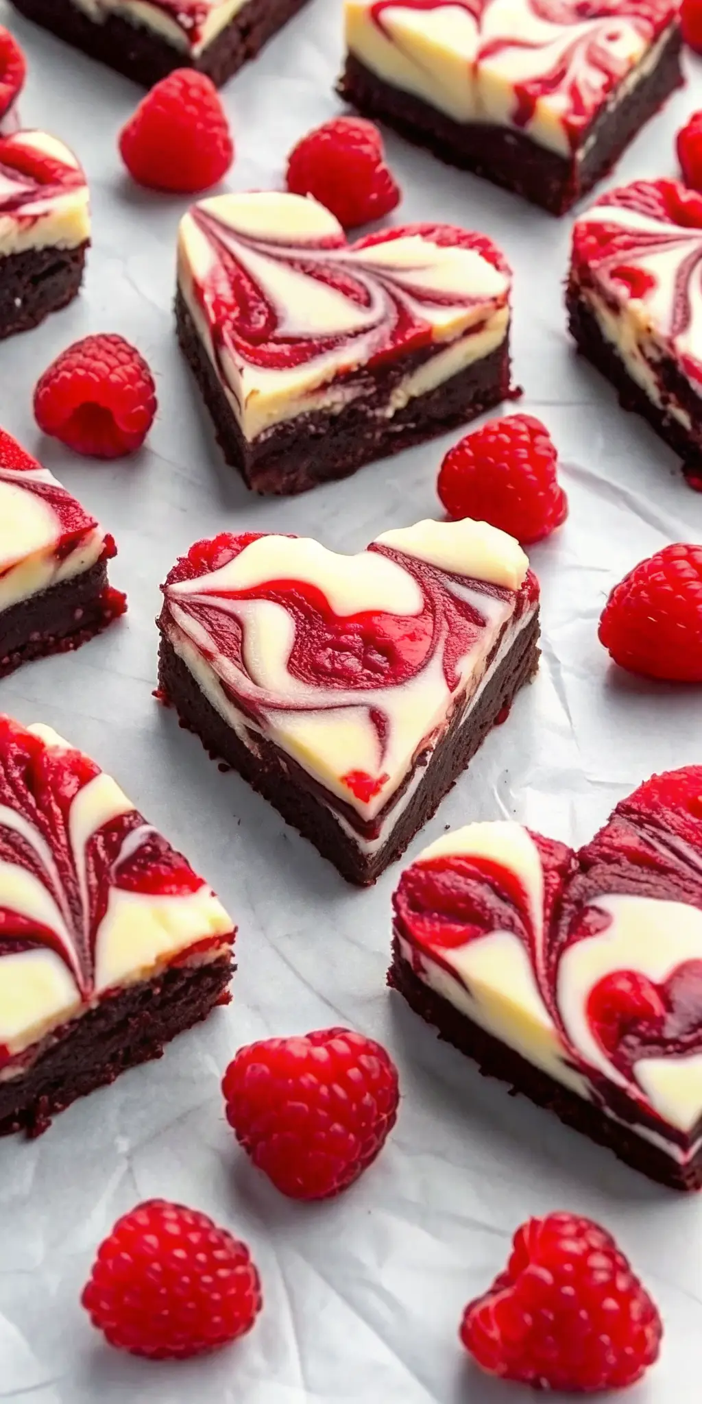 A single heart-shaped brownie, rich dark chocolate base topped with creamy, swirled cheesecake and striking raspberry patterns, perfectly placed on a minimalist white ceramic plate. A few fresh raspberries and a subtle sprig of mint garnish the side. The scene is on a marble countertop with soft shadows and warm tones, clean presentation. No hands or people. (3:4 ratio)
