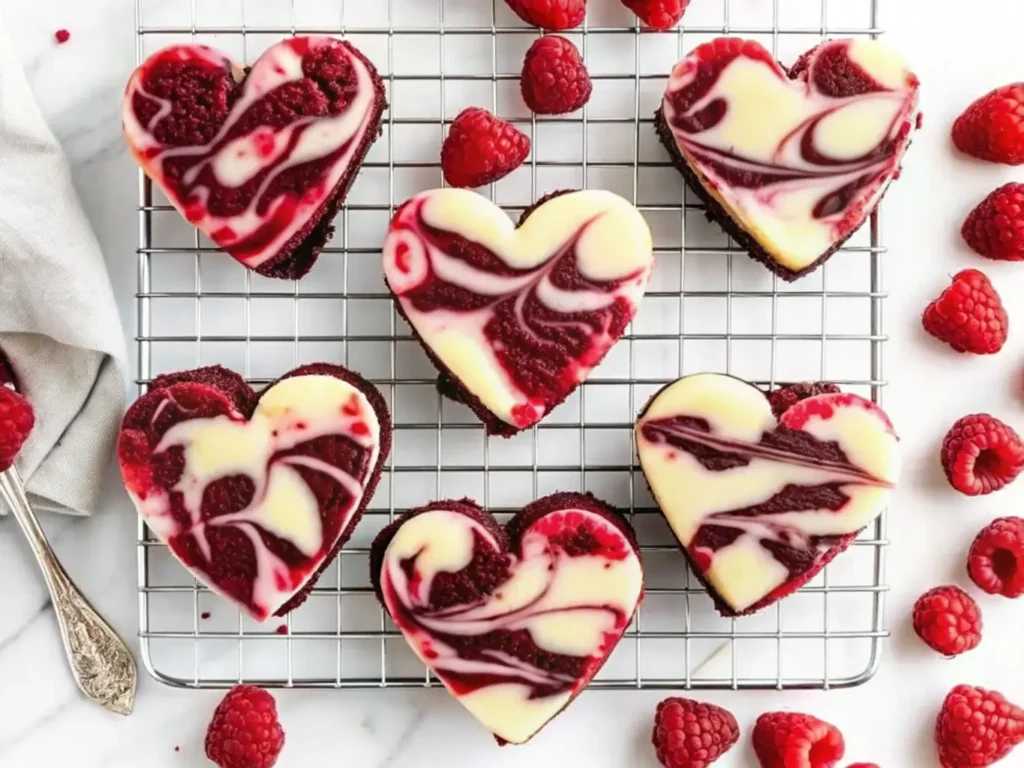 Overhead shot of several heart-shaped brownies with dark chocolate bases, creamy cheesecake layers swirled with vibrant raspberry red, resting on a gold wire cooling rack atop white parchment paper. Scattered fresh raspberries and a small clear glass bowl brimming with raspberries adorn the marble countertop. Natural morning light from an east window casts soft shadows, creating warm tones. Clean and tidy presentation. No hands or people. (4:3 ratio)
