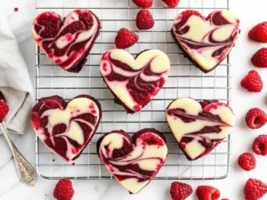 Overhead shot of several heart-shaped brownies with dark chocolate bases, creamy cheesecake layers swirled with vibrant raspberry red, resting on a gold wire cooling rack atop white parchment paper. Scattered fresh raspberries and a small clear glass bowl brimming with raspberries adorn the marble countertop. Natural morning light from an east window casts soft shadows, creating warm tones. Clean and tidy presentation. No hands or people. (4:3 ratio)