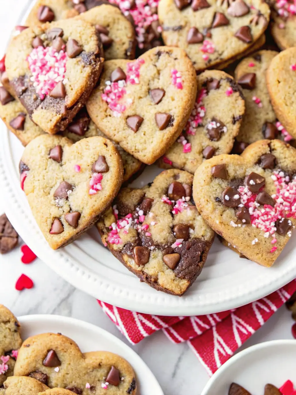 Ingredients laid out for heart-shaped chocolate chip cookies: a bowl of flour, brown and granulated sugars, softened butter, eggs, vanilla, and a bowl of semi-sweet chocolate chips and festive pink/red/white sprinkles on a wooden cutting board. All on a marble countertop with soft morning light and fresh herbs in the background. No hands. (3:4 aspect ratio)
