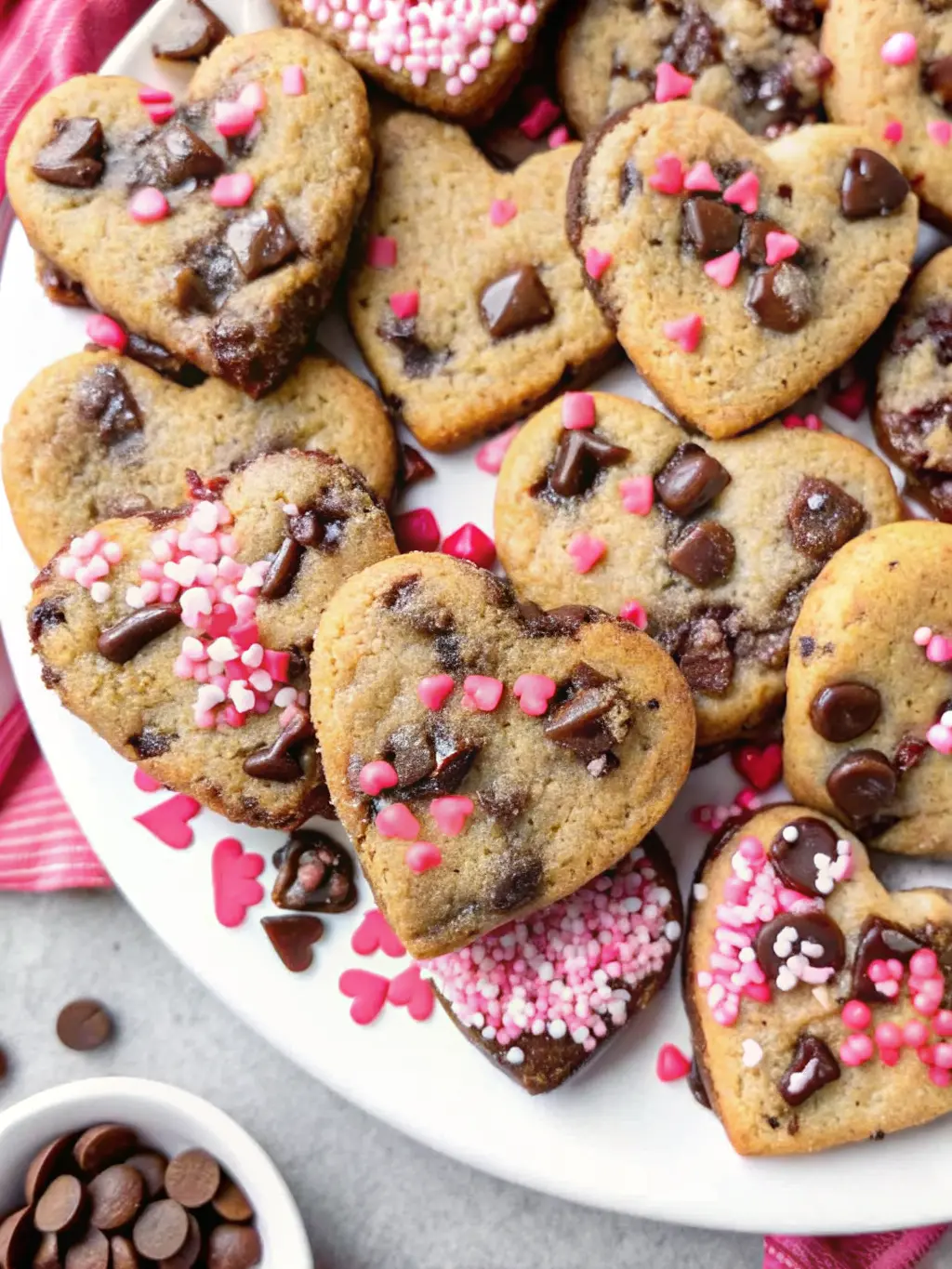 Process shot: Heart-shaped cookie dough being cut with a heart cookie cutter on a wooden cutting board, with a small pile of colorful sprinkles nearby. The dough is thick and golden, ready for baking. Natural morning light, soft shadows, marble countertop in the background. No hands. (3:4 aspect ratio)