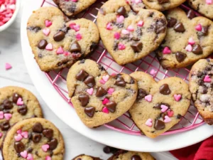 A close-up, eye-level shot of a single perfectly baked heart-shaped chocolate chip cookie, rich golden-brown with visible melted chocolate chunks and scattered pink, red, and white heart and round sprinkles. The cookie is presented on a minimalist white ceramic plate on a light marble countertop, bathed in natural morning light from an east window, creating soft shadows. The background is softly blurred with a hint of a wooden accent. Warm tones, clean and tidy presentation. (4:3 aspect ratio)