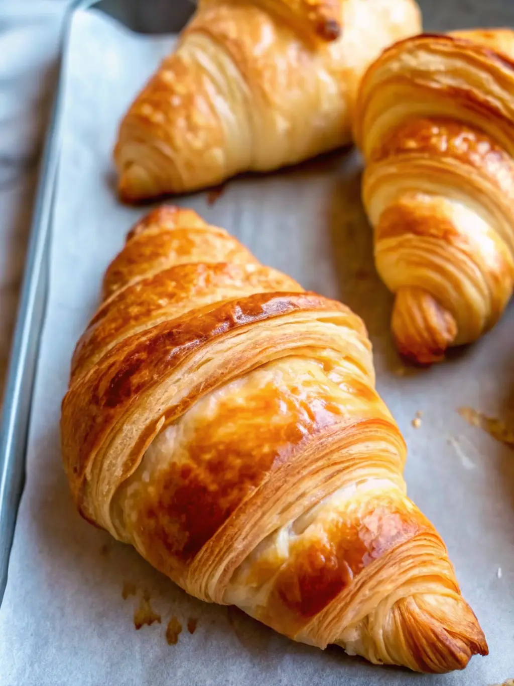 A close-up of laminated French Croissant dough during the 'letter fold' process. The distinct layers of butter and dough are visible as it's being folded on a lightly floured marble surface. Natural morning light, soft shadows, warm tones. A corner of the wooden cutting board is subtly visible. 3:4 aspect ratio. NO HANDS OR PEOPLE.