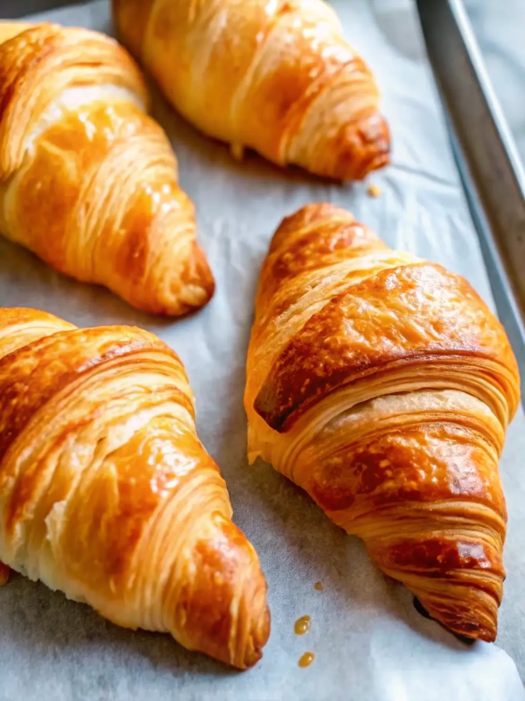 A freshly baked golden-brown French Croissant, cut in half to reveal its airy, open, and incredibly flaky interior texture, resting on a minimalist white plate on a marble countertop. The exterior is shiny and deeply golden. Soft morning light, warm tones. A ceramic bowl and fresh herbs are subtly blurred in the background. 3:4 aspect ratio. NO HANDS OR PEOPLE.