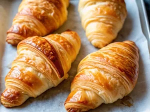 Hero shot of two perfectly baked golden-brown French Croissants, boasting shiny, flaky, distinct layers, resting on a light marble countertop. Soft morning light from an east window casts gentle shadows. A subtle wood accent and fresh herbs in the soft-focus background. Warm tones, clean and tidy presentation. 4:3 aspect ratio. NO HANDS OR PEOPLE.