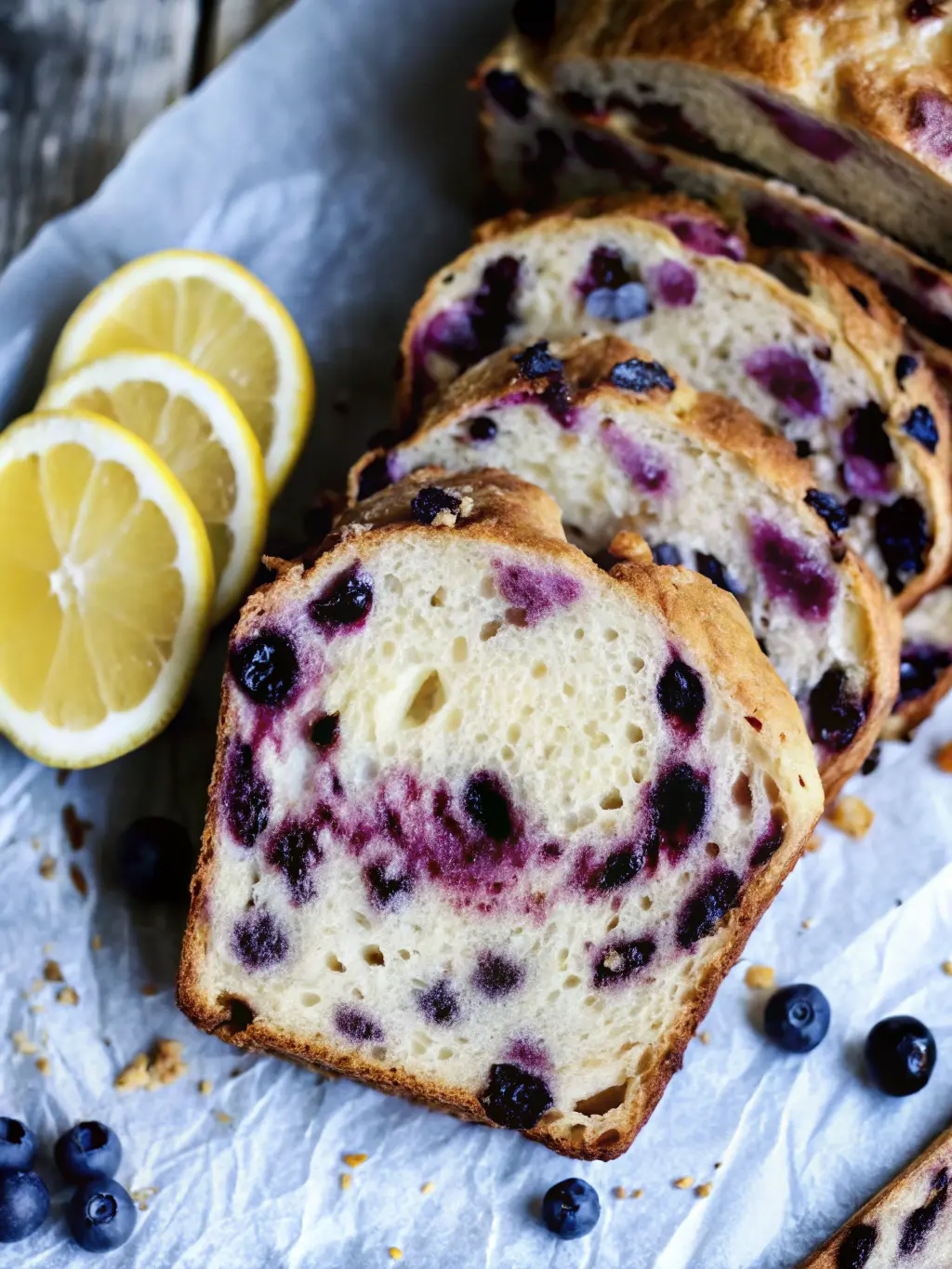 Ingredients spread out: A minimalist ceramic bowl brimming with fresh blueberries, a grater with fresh lemon zest falling onto a wooden cutting board, a jar of active sourdough starter, and a pile of bread flour. All are neatly arranged on a white marble countertop with a hint of fresh herbs in the soft-focused background. Natural morning light, warm tones, clean. No hands or people. (3:4 ratio)