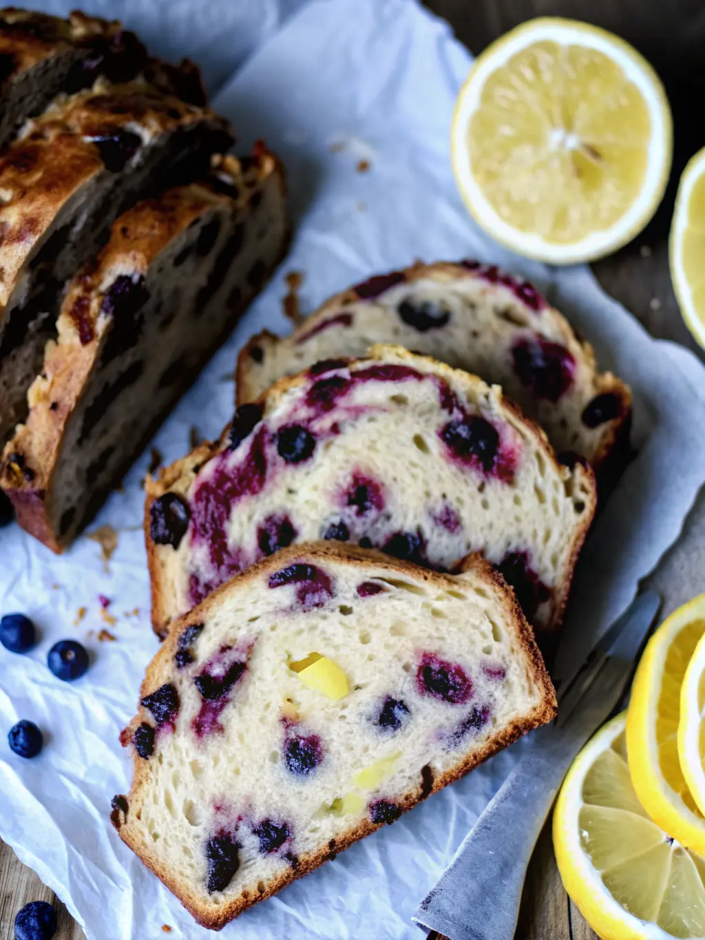 Serving/Texture focus: A close-up of a single, thick slice of Lemon Blueberry Sourdough Bread, showcasing its perfectly golden, crisp crust and open, airy crumb studded with juicy purple blueberries and bright yellow lemon zest. The slice is leaning against a minimalist white ceramic plate, with a blurred lemon wedge in the background. Natural morning light, warm tones, clean. No hands or people. (3:4 ratio)