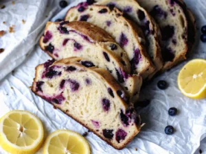 Hero shot of several slices of golden-crusted Lemon Blueberry Sourdough Bread, revealing its airy crumb with vibrant purple blueberries and yellow lemon zest. The slices are arranged on crumpled white parchment paper, with fresh lemon slices and scattered fresh blueberries next to them. The bread and garnishes are placed on a light wooden cutting board on a white marble countertop. Natural morning light from an east window, soft shadows, warm tones, clean and tidy presentation. No hands or people. (4:3 ratio)