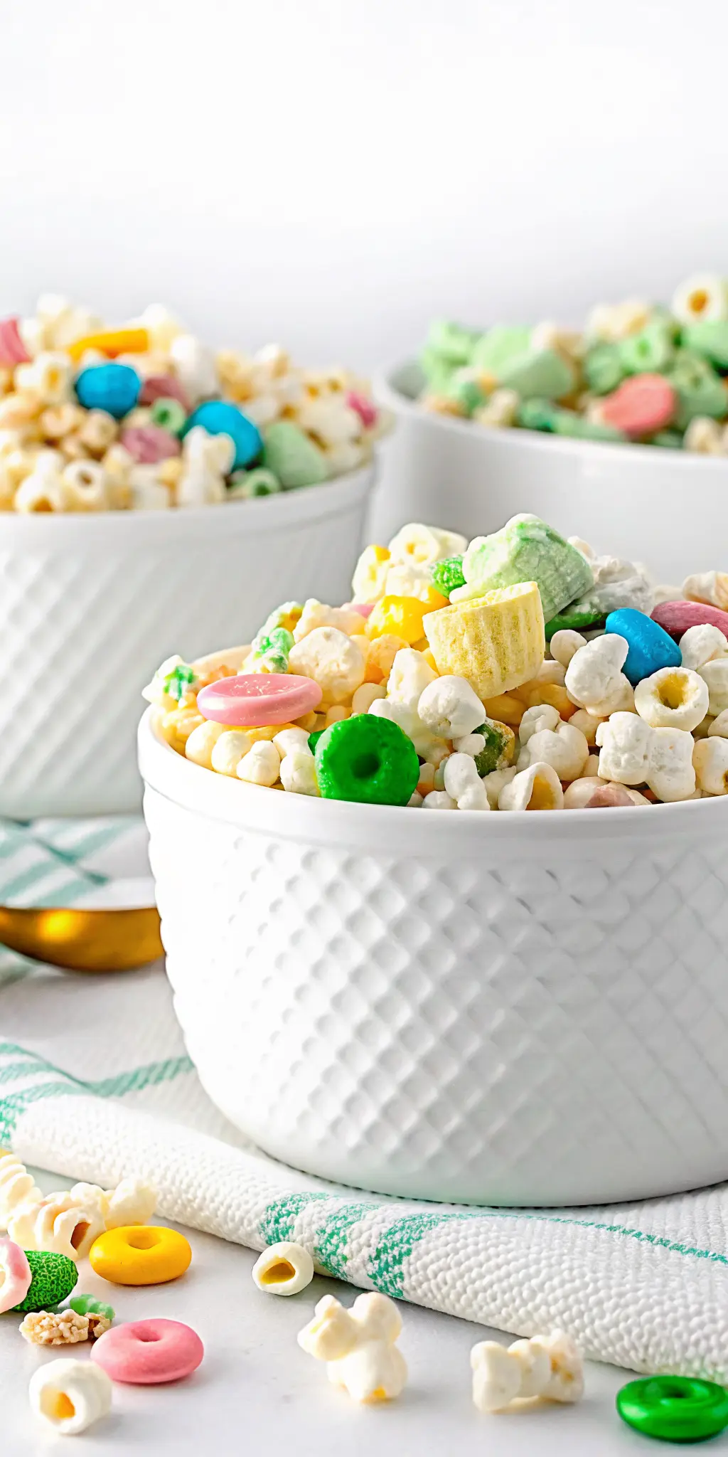 A close-up, inviting shot of the finished 'Loaded Leprechaun Popcorn' in a white textured ceramic bowl, showcasing the fluffy white popcorn kernels coated in a subtle, glistening glaze, intermingled with the various pastel Lucky Charms marshmallows (pink, blue, green, yellow, orange shapes) and vibrant green candies. The textured surface of the bowl is clearly visible. A few pieces of the colorful popcorn mix are artfully scattered on the clean white marble countertop next to the bowl. Natural morning light creates warm tones and soft shadows, highlighting the crunchy and chewy textures. A dark green textured cloth is subtly visible in the background. (3:4 ratio). NO HANDS OR PEOPLE.