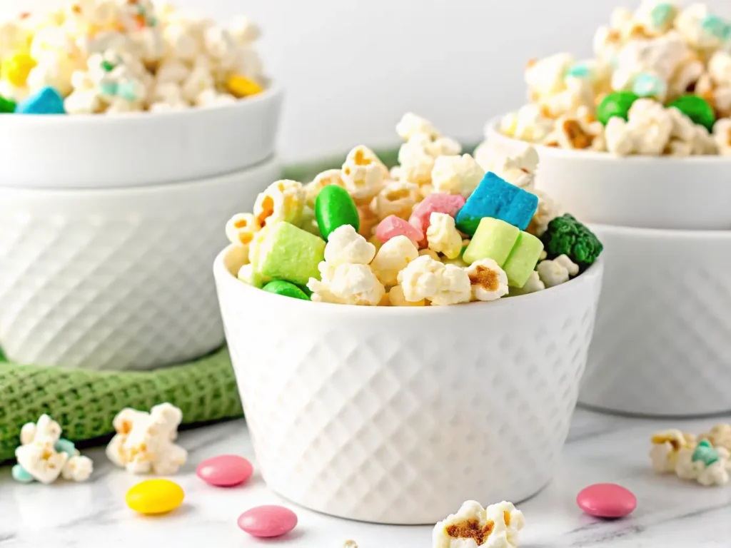Hero shot of two white textured ceramic bowls brimming with 'Loaded Leprechaun Popcorn,' one in crisp focus in the foreground, the other slightly blurred in the background. The popcorn is perfectly popped, coated in a white glaze, and generously mixed with colorful pastel Lucky Charms marshmallows (pink, blue, green, yellow, orange shapes) and vibrant green candies. Some popcorn, marshmallows, and candies are spilled artfully around the base of the front bowl. A dark green textured cloth is draped casually in the background, contrasting with the white marble countertop. Natural morning light streams from an east window, casting soft shadows. Subtle wood accents are visible. The scene is clean, tidy, and inviting, showcasing the festive colors of the snack. (4:3 ratio). NO HANDS OR PEOPLE.