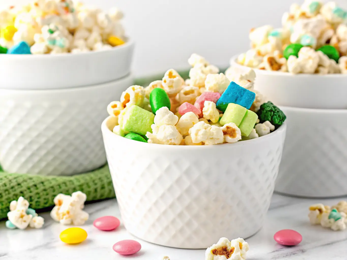 Hero shot of two white textured ceramic bowls brimming with 'Loaded Leprechaun Popcorn,' one in crisp focus in the foreground, the other slightly blurred in the background. The popcorn is perfectly popped, coated in a white glaze, and generously mixed with colorful pastel Lucky Charms marshmallows (pink, blue, green, yellow, orange shapes) and vibrant green candies. Some popcorn, marshmallows, and candies are spilled artfully around the base of the front bowl. A dark green textured cloth is draped casually in the background, contrasting with the white marble countertop. Natural morning light streams from an east window, casting soft shadows. Subtle wood accents are visible. The scene is clean, tidy, and inviting, showcasing the festive colors of the snack. (4:3 ratio). NO HANDS OR PEOPLE.