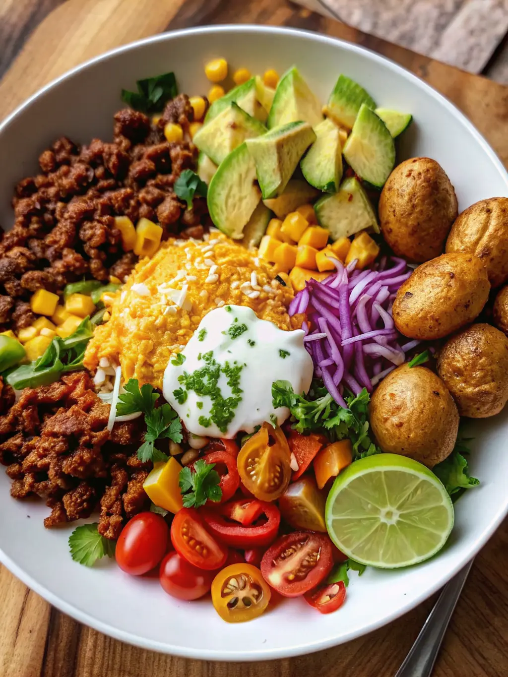 A clean composition of fresh, vibrant ingredients for a Loaded Potato Taco Bowl arranged artfully on a light marble countertop next to a wooden cutting board. Elements include raw baby potatoes, a bowl of prepped diced red onion, halved cherry tomatoes, corn kernels, avocado, fresh cilantro sprigs, olive oil, and various spices in small ceramic pinch bowls. Natural morning light creates soft shadows. No hands or people. (3:4 ratio)