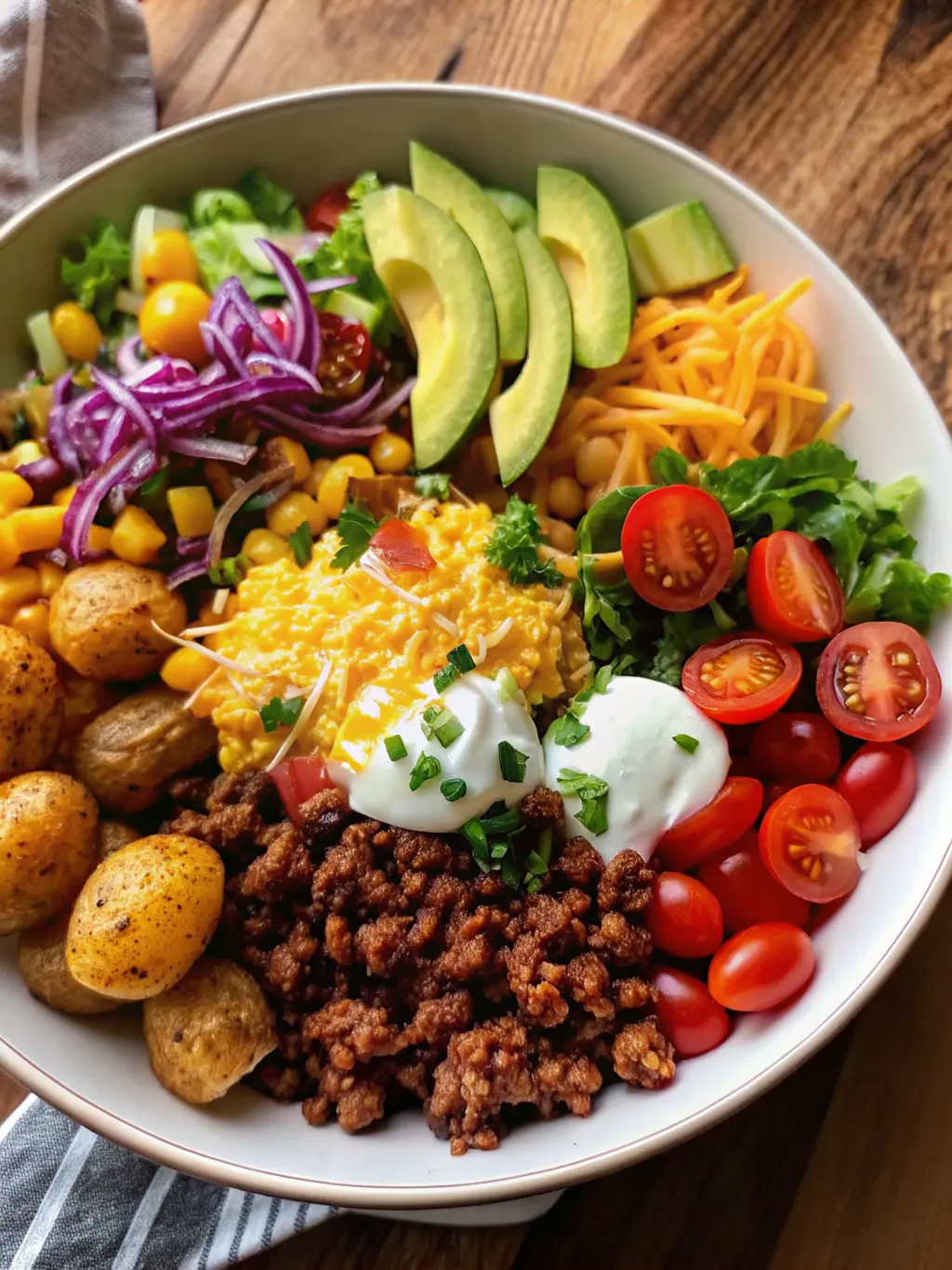 A baking sheet filled with golden-brown, crispy roasted baby potatoes, fresh out of the oven, placed on a wooden cutting board on a light marble countertop. In the background, a cast-iron skillet with seasoned ground beef and black beans simmering gently. Natural morning light, warm tones, subtle steam rising from the skillet. No hands or people. (3:4 ratio)