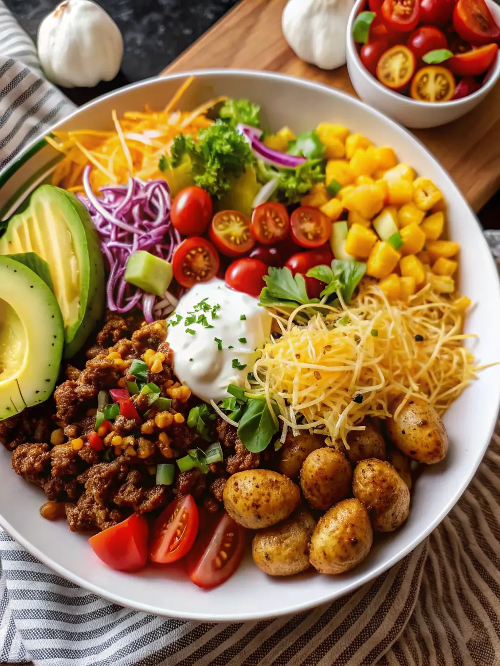 A close-up, high-angle shot of a portion of the assembled Loaded Potato Taco Bowl, focusing on the contrasting textures and colors: the browned, seasoned ground beef and black beans, a cluster of golden roasted potatoes, vibrant green avocado slices, and a dollop of sour cream garnished with fresh cilantro and a dusting of paprika. The edge of the minimalist white ceramic bowl is visible, resting on a light marble surface. Natural morning light highlights the textures. No hands or people. (3:4 ratio)
