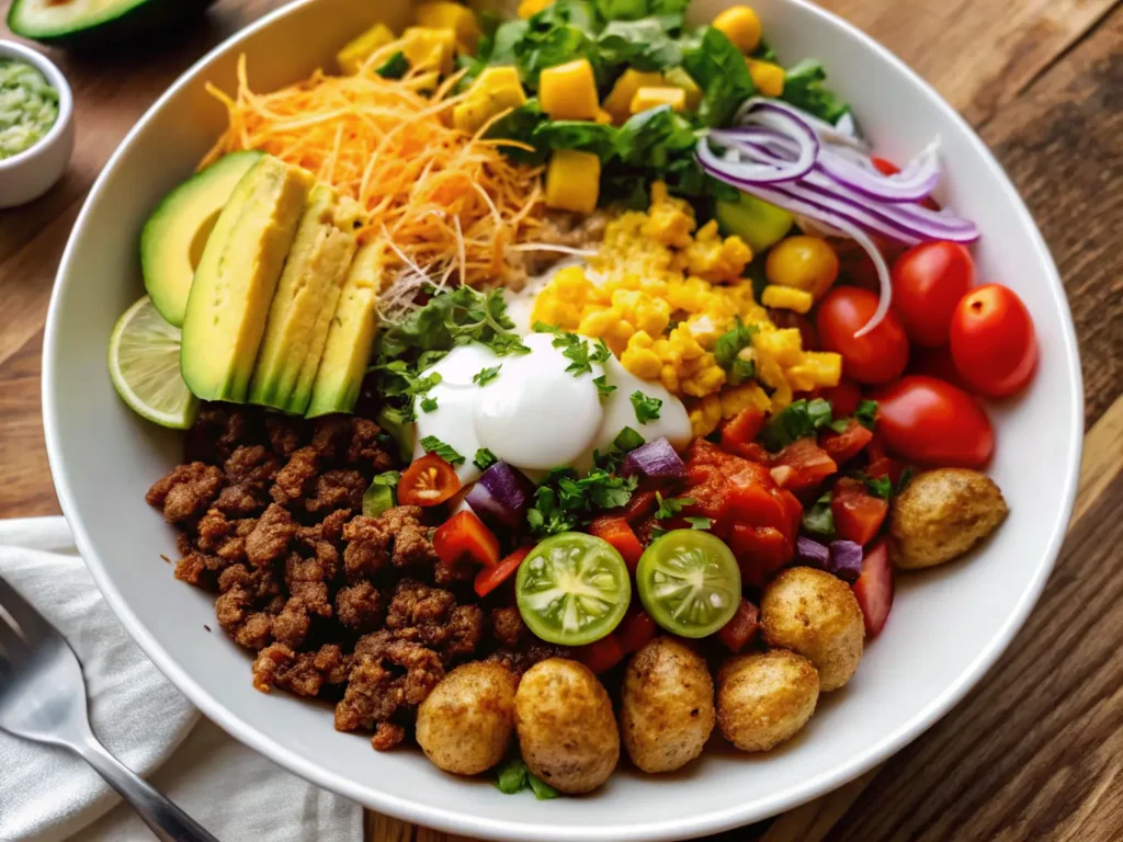 A beautifully plated Loaded Potato Taco Bowl in a minimalist white ceramic bowl, showcasing all components: crispy golden roasted potatoes, rich seasoned ground beef and black beans, vibrant halved cherry tomatoes, bright yellow corn, diced avocado, finely chopped red onion, a dollop of white sour cream topped with paprika and fresh cilantro, and a fresh lime wedge on the side. The bowl is centered on a light marble countertop with subtle wood accents and a wooden cutting board in the background, bathed in natural morning light from an east window, casting soft shadows. Warm tones, clean and tidy presentation. No hands or people. (4:3 ratio)