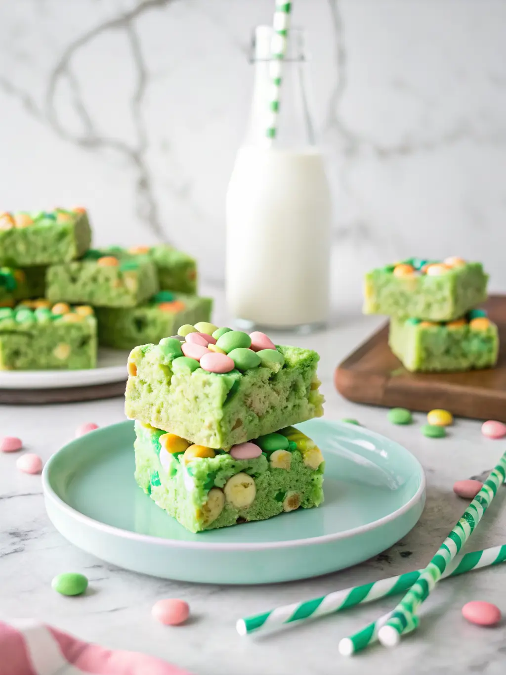 An overhead shot of all the ingredients for Lucky Charms Rice Krispie Treats laid out on a wooden cutting board: a box of Lucky Charms cereal, a bag of mini marshmallows, a stick of butter, a bottle of green gel food coloring, vanilla extract, and a pinch of salt in a small ceramic bowl. All under natural morning light from an east window, on marble countertops. Soft shadows, warm tones, clean and tidy presentation. NO HANDS OR PEOPLE. (3:4 ratio)