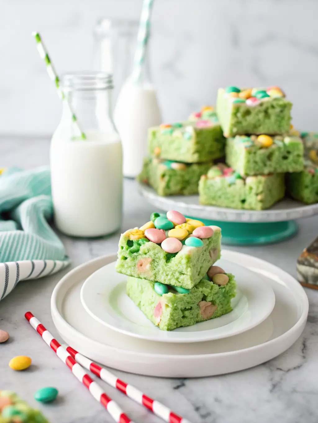 A large pot on a stovetop burner, showing melted green marshmallow mixture swirling, with colorful Lucky Charms cereal just being gently folded in. The mixture is vibrant and gooey. Shot with natural morning light, on a marble countertop with wood accents visible in the background. Soft shadows, warm tones, clean and tidy presentation. NO HANDS OR PEOPLE. (3:4 ratio)