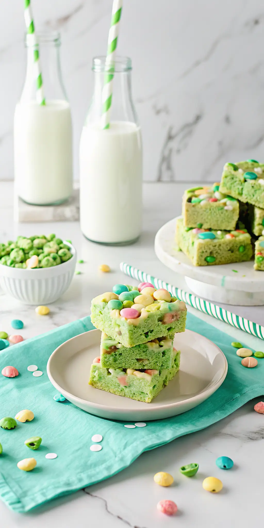 A close-up, slightly elevated view of a freshly cut Lucky Charms Rice Krispie Treat bar, revealing its chewy, gooey texture with visible colorful marshmallows and crispy cereal bits. It sits on a minimalist white plate on a wooden cutting board, with fresh herbs subtly in the background. Natural morning light from an east window, soft shadows, warm tones, clean and tidy presentation. NO HANDS OR PEOPLE. (3:4 ratio)