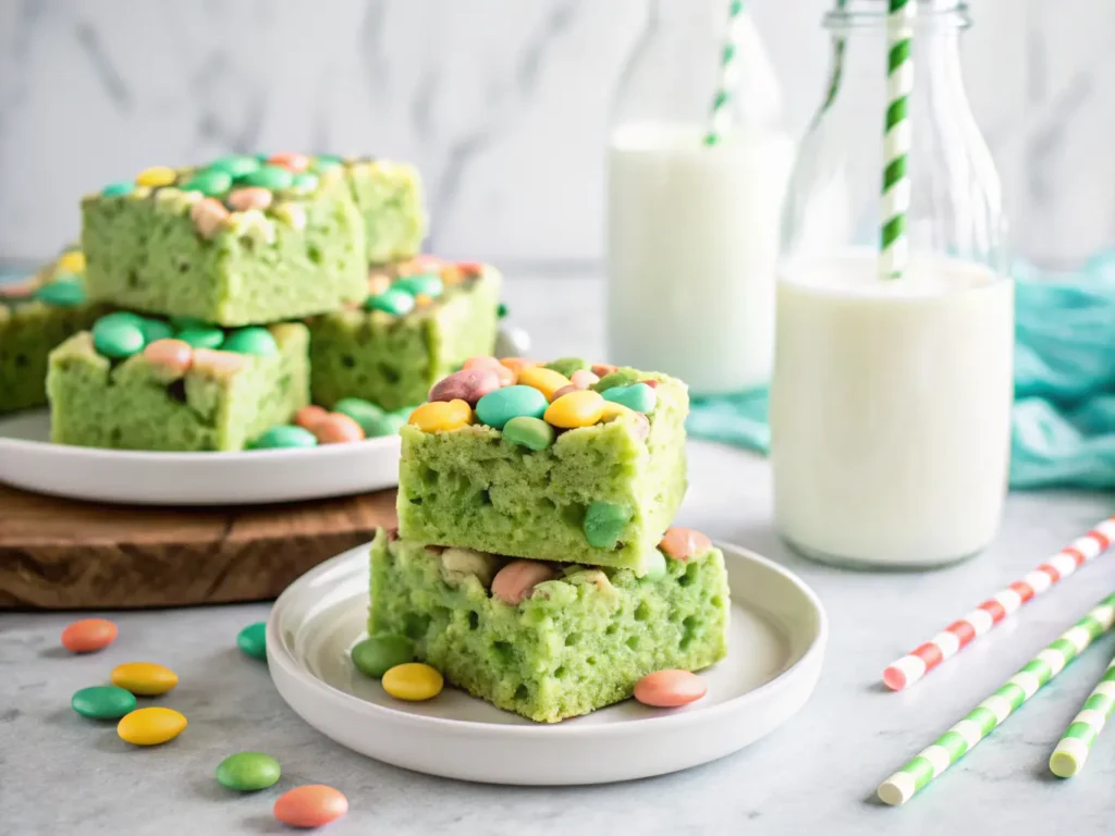 A stack of three vibrant green Lucky Charms Rice Krispie Treats, showcasing colorful marshmallows embedded within, on a minimalist white plate. A glass bottle of milk with a green and white striped straw is in the soft-focus background. Shot with natural morning light from an east window, on a marble countertop with subtle wood accents. Soft shadows and warm tones, clean and tidy presentation. NO HANDS OR PEOPLE. (4:3 ratio)
