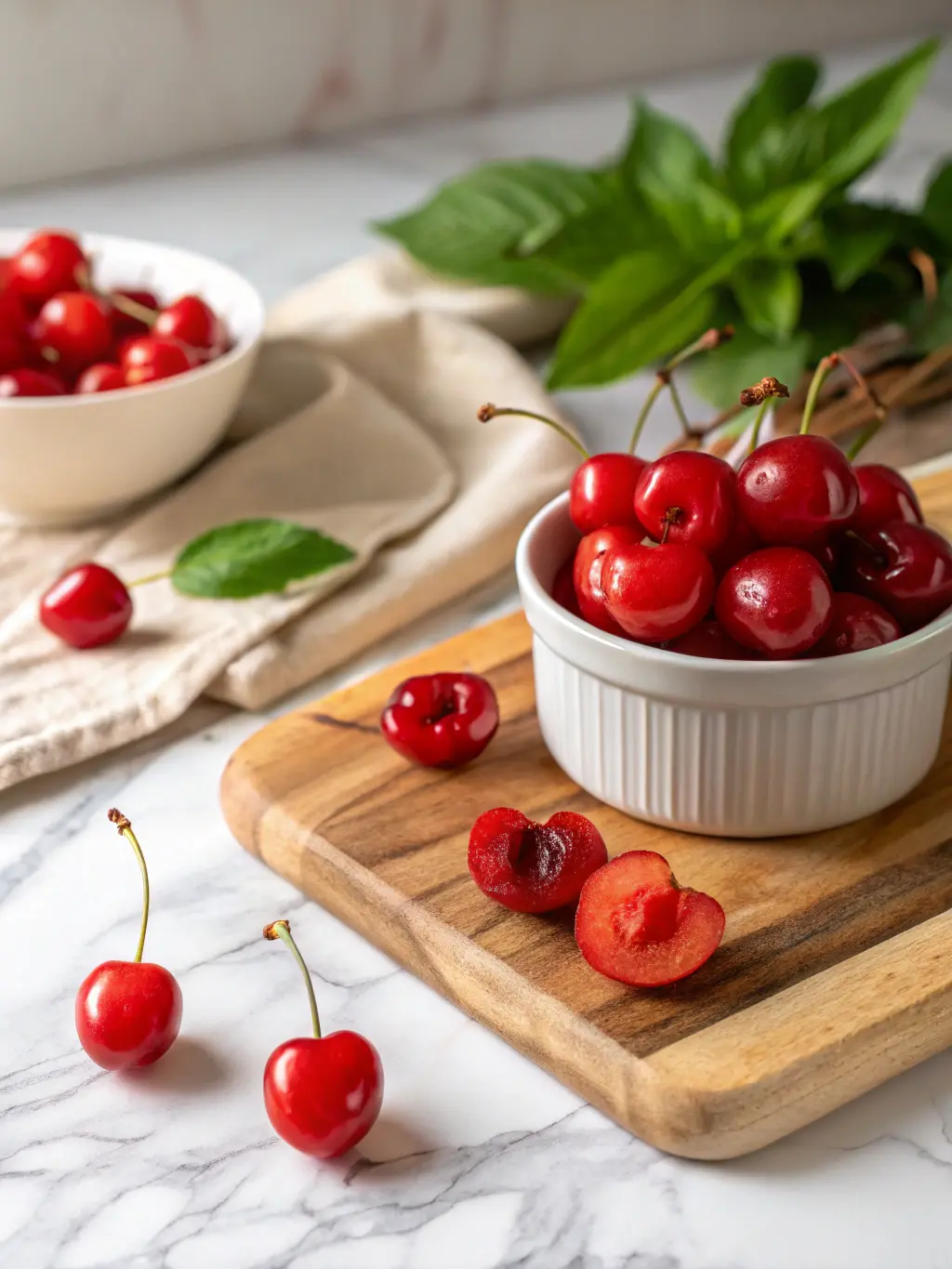 An artistic close-up of vibrant red maraschino cherries, some whole, some halved, scattered on a wooden cutting board next to a small white ceramic bowl holding a few more cherries, showcasing their juicy texture. Natural morning light casts soft shadows on the marble countertop, with a hint of fresh basil in the blurred background. The scene is clean and tidy, with warm tones. (3:4 ratio)