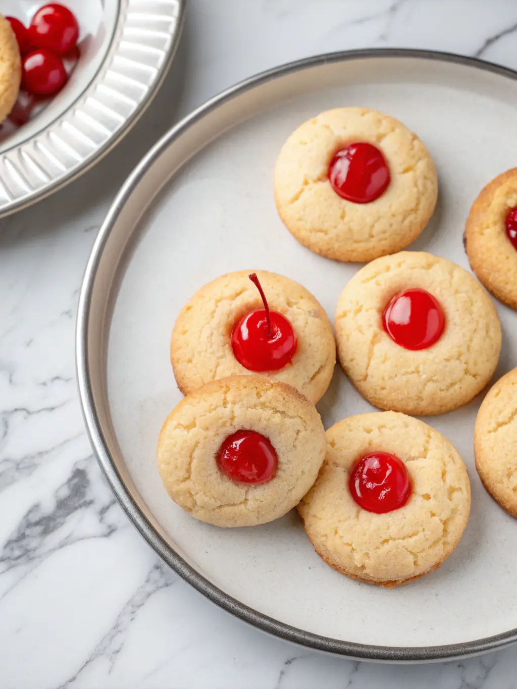 A top-down macro shot of several freshly baked Maraschino Cherry Cookies on a minimalist white plate with a silver rim. Each cookie is golden-brown with a distinct, glossy red maraschino cherry at its heart, some with bright red juice bleeding slightly into the cookie. The texture of the soft, slightly crumbly cookies is clearly visible under soft, natural morning light on a marble surface. The overall presentation is clean and inviting, highlighting their insanely yummy appeal. (3:4 ratio)