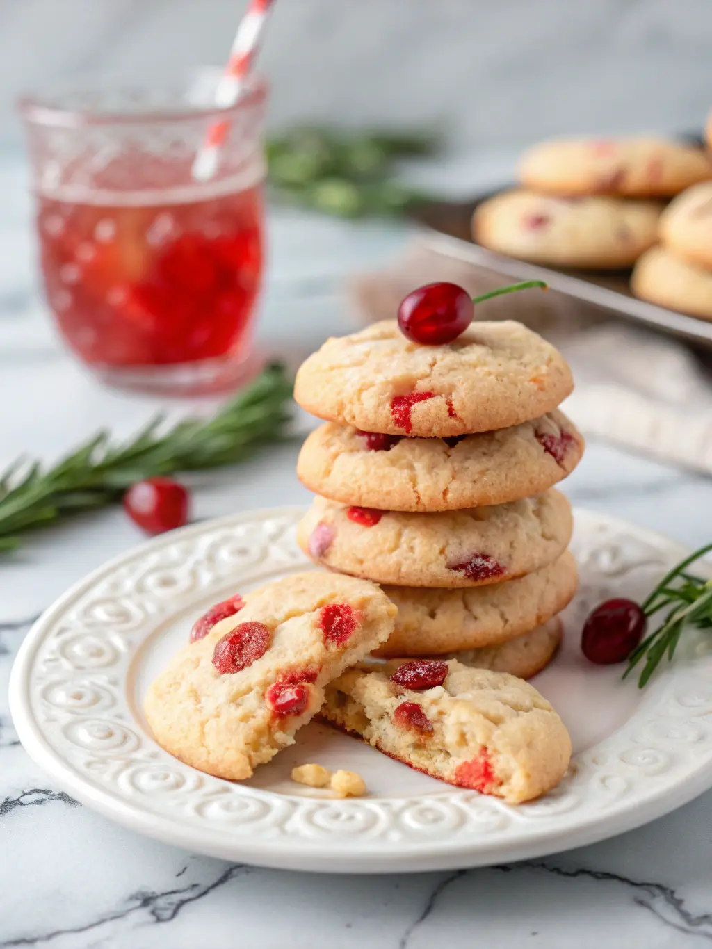 A side view of a stack of mouth-watering Maraschino Cherry Cookies, piled high on a decorative white plate, showing off their soft, slightly crinkled golden-brown edges and the vibrant red cherries perfectly nestled within. One cookie on top is gently broken, revealing its crumbly interior and juicy cherry. The background features a blurry glass with a red beverage and a subtle hint of fresh rosemary, all bathed in warm natural light on a marble countertop with soft shadows, making them deliciously appealing. (3:4 ratio)
